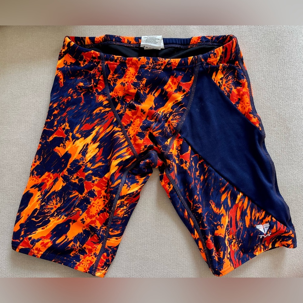 TYR Jammer sz 26 Competition Swimwear. Navy Blue and Orange Print
